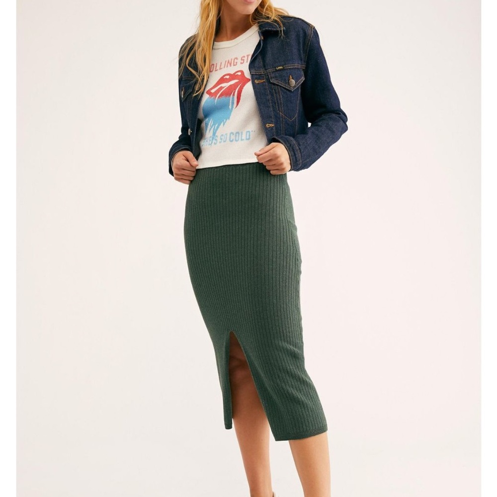 Free People Skyline Knit Midi Skirt Size M Dark Forest Green